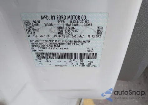 2007 Ford F-150 Stx/Xl/Xlt из США, поврежденный, VIN 1FTRF12227KC49344